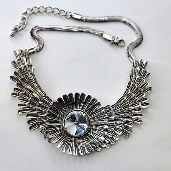 Crystal Feather Statement Necklace Statement Bib Necklace - Picture 2 of 11